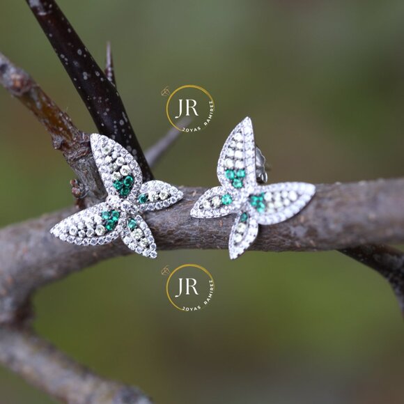 Sterling Silver Butterfly Earrings • Emerald & Clear CZ • Luxe Wing Design. - Picture 4 of 7